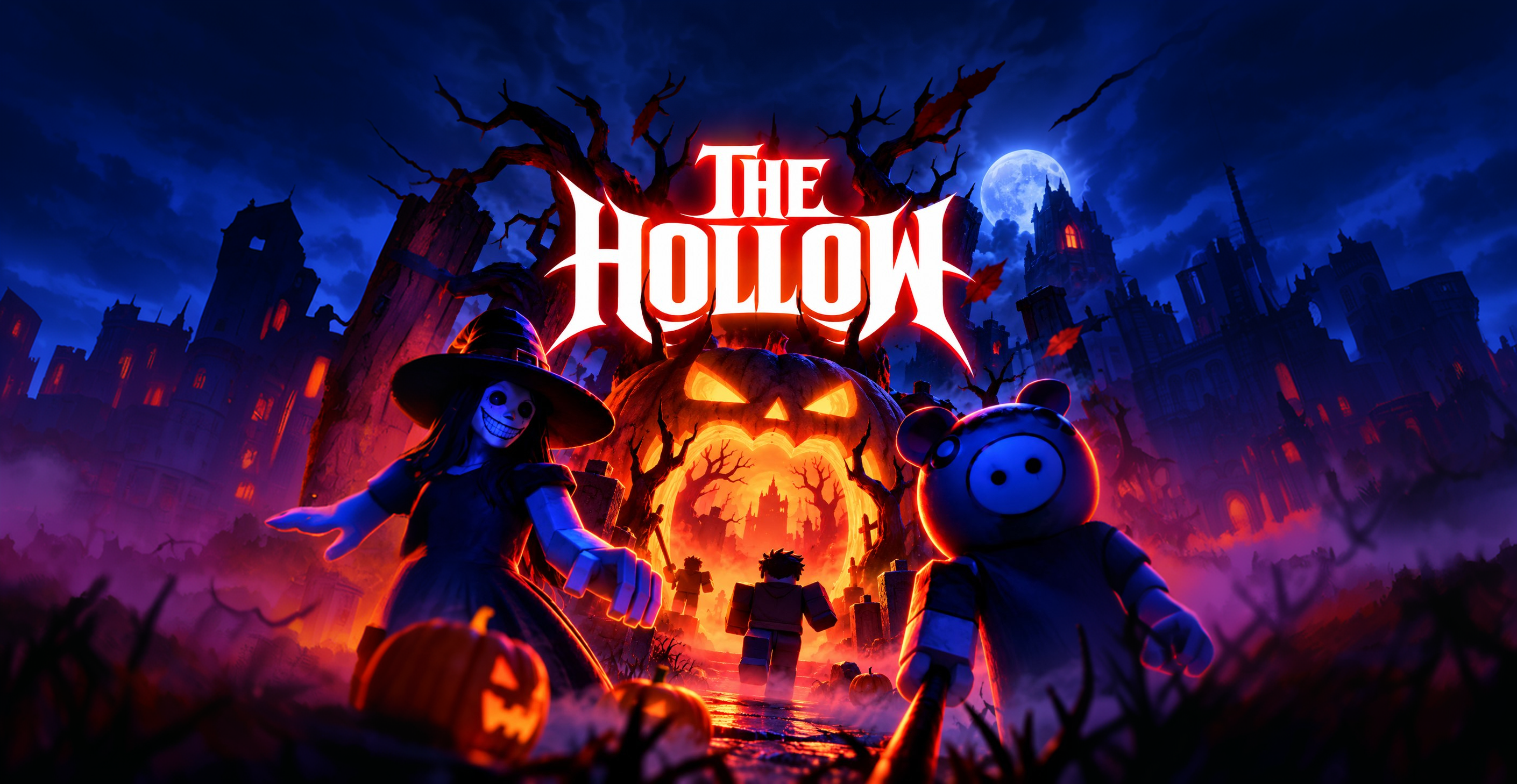 The Hollow: a glowing pumpkin gateway, a witch and a masked character beneath a moonlit castle