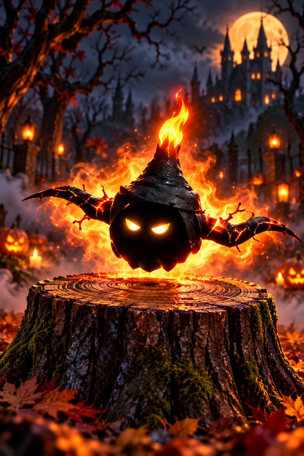Fiery witch hat with glowing eyes